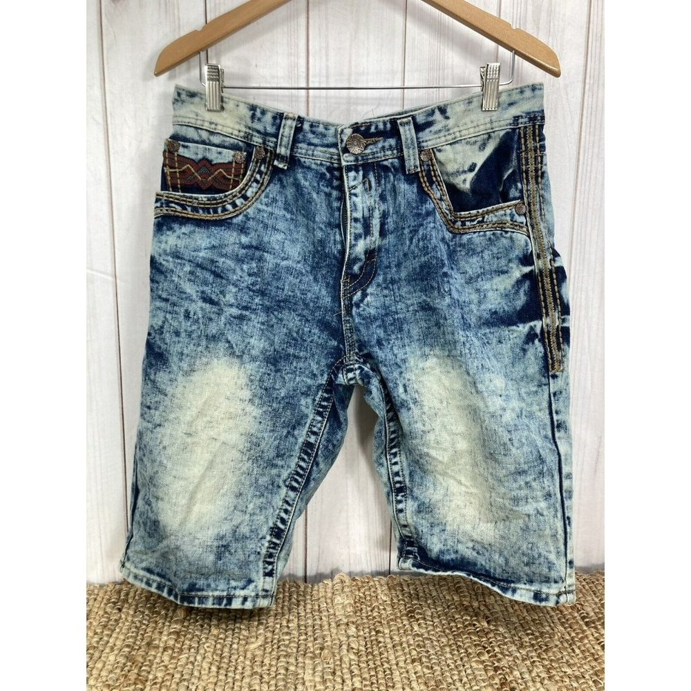 Kaalu Mens Classic Edition Jean Shorts Acid Wash w Stitching Details SZ 34